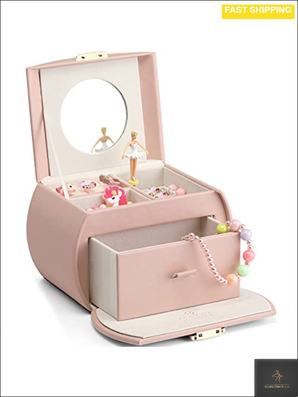 Girls Musical Jewelry Box Ballerina PU Leather Large Drawers